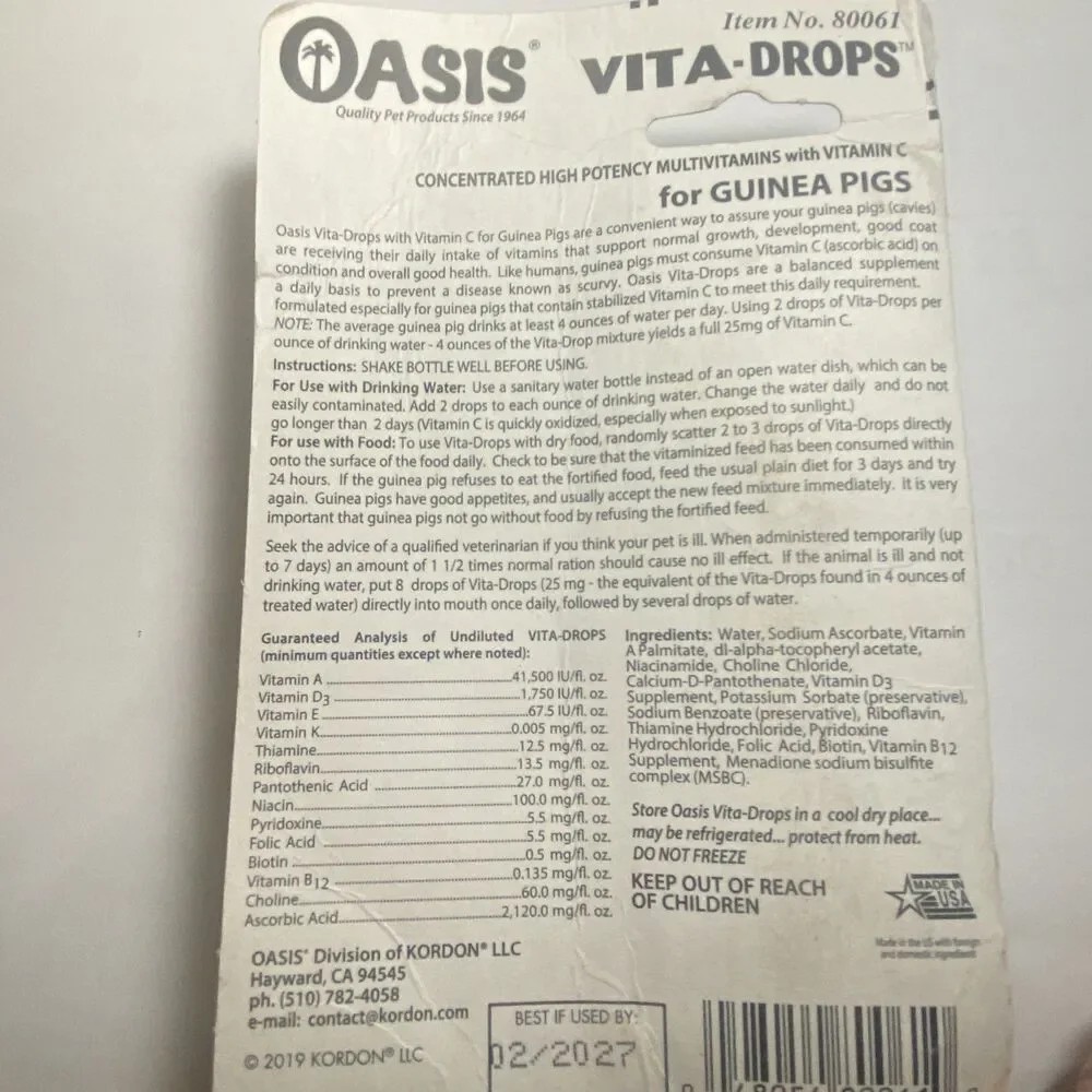 Oasis Vita-Drops Pure Vitamin C for Guinea Pigs 2oz Free Shipping